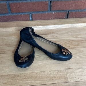 Tory Burch Black Leather Flats with Gold Logo